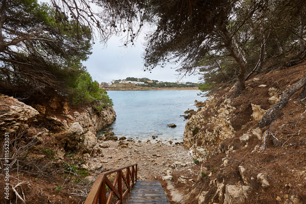 Shoreline wooden path. Cami de ronda. Lescala, Girona. Catalonia, Spain