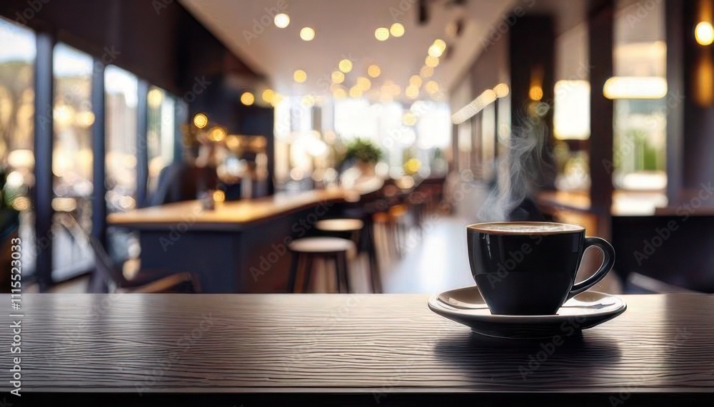Fototapeta premium Close-up of a rustic wooden table with a cappuccino, croissant, and notebook under soft morning light