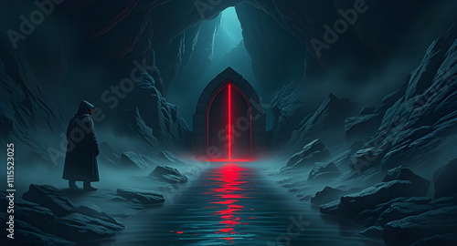 Eerie Cavern Entrance with Hooded Figures and Red-Lit Doorway