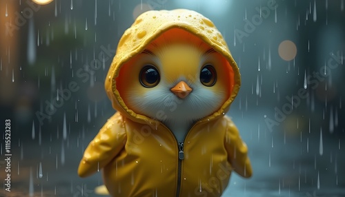 Adorable Chick in Yellow Raincoat During a Rainy Day