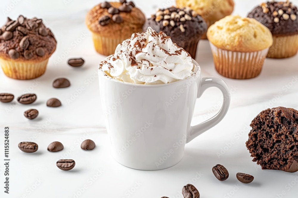Delicious Coffee Mug with Cream and Assorted Muffins on Table Delicious Coffee Mug with Cream and Assorted Muffins on Table