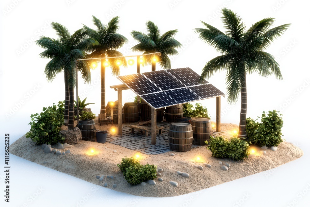 Fototapeta premium Eco-Friendly Oasis with Solar Panels and Tropical Palm Trees