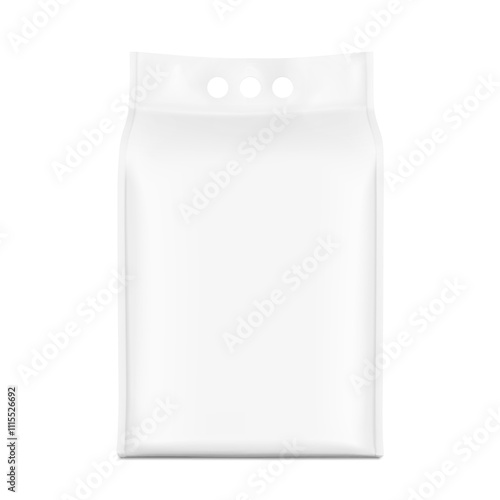 Packaging bag with a finger handle mockup. Vector illustration isolated on white background. Front view. Perfect for presentation laundry, chemical products, litter and etc. EPS10.