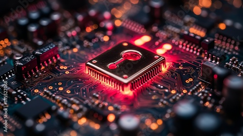 A close-up of a circuit board with a glowing lock symbol, representing cybersecurity.