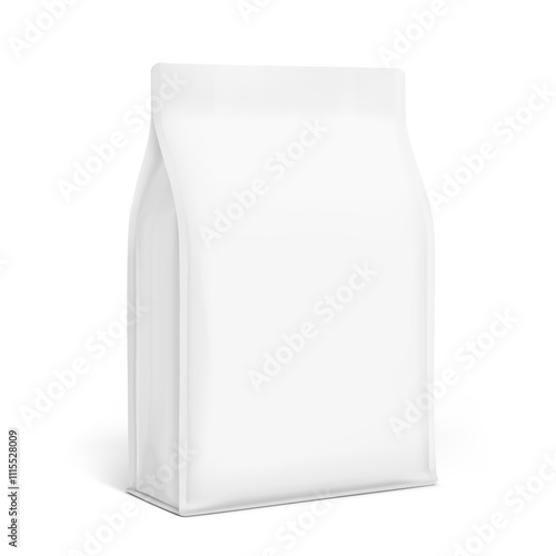 Vertical flat bottom gusset bag mockup for food, sport nutrition, pet food. Half side view. Vector illustration isolated on white background. Can be use for template your design. EPS10.	
