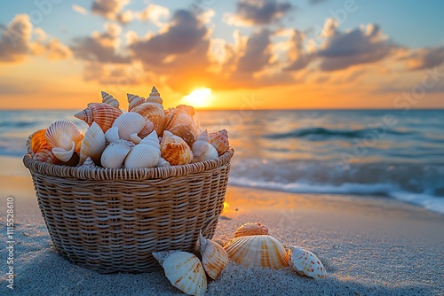 A basket of sea shells with a beach scene in the background