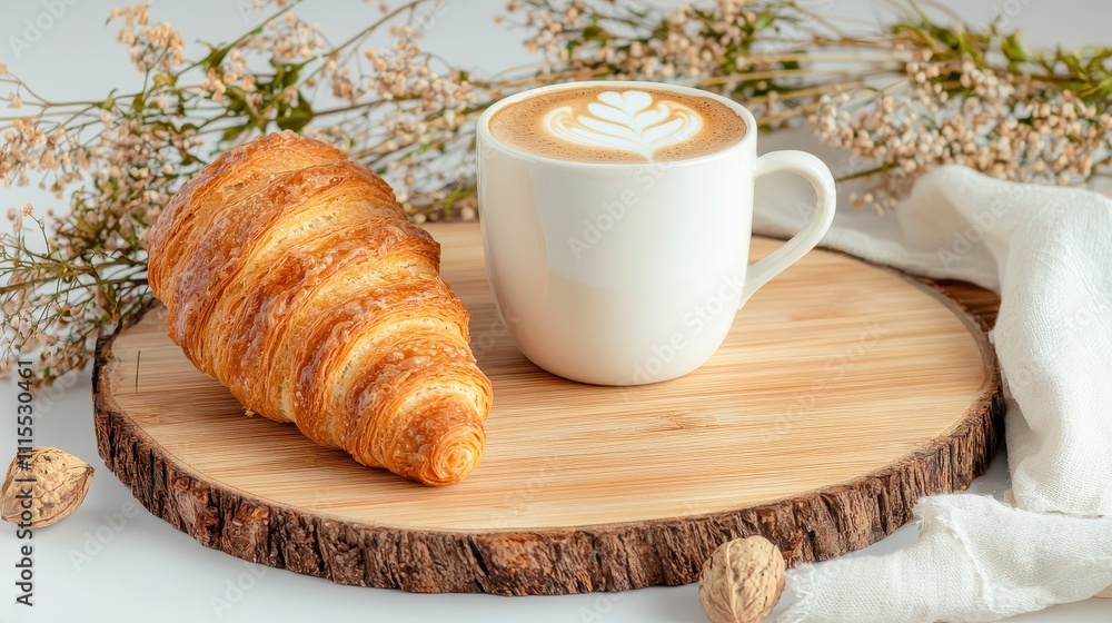 Croissant and Coffee on Wooden Board with Flowers and Nuts Croissant and Coffee on Wooden Board with Flowers and Nuts