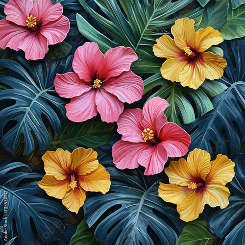 Wallpaper Mural Pink floral pattern with hibiscus flowers on black background Torontodigital.ca