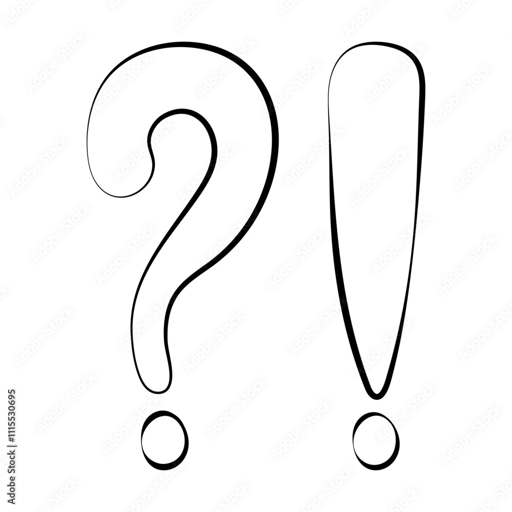 Hand drawn black exclamation and question marks in doodle style isolated on white background. Vector infographic, punctuation mark. Hand drawn black exclamation and question marks in doodle style isolated on white background. Vector infographic, punctuation mark.