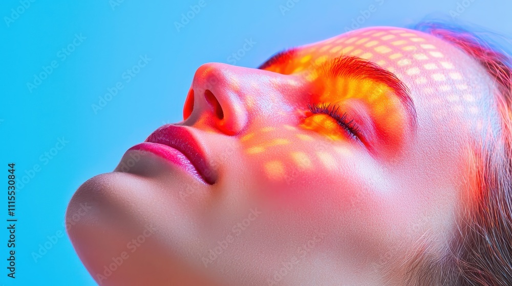 Fototapeta premium Woman with Colorful Light Patterns on Face against Soft Blue Background