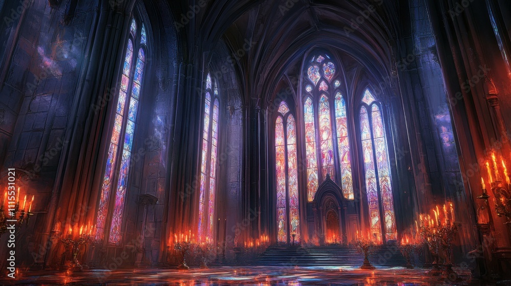 Fototapeta premium Gothic cathedral interior with tall stained glass windows and flickering candles