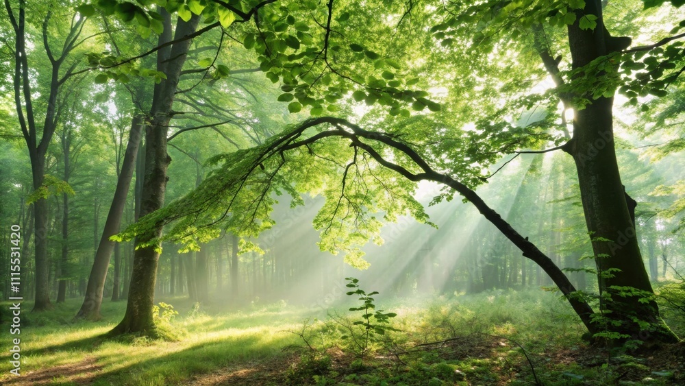 Obraz premium A serene forest scene depicting sunlight streaming through lush green leaves creating dappled patterns on the forest floor while a gentle breeze moves the branches.