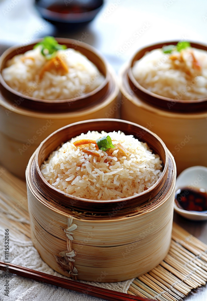 Chinese sticky rice garnished with fresh herbs and dried shrimp, served in bamboo steamers on a bamboo mat under soft natural light, perfect for menus and culinary blogs... Chinese sticky rice garnished with fresh herbs and dried shrimp, served in bamboo steamers on a bamboo mat under soft natural light, perfect for menus and culinary blogs...