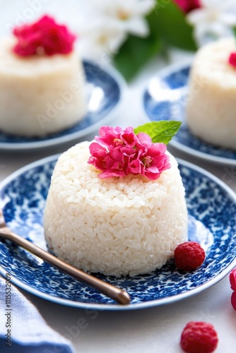 Chinese sticky rice shaped into a neat mold on a decorative blue plate, garnished with a flower and berries, under soft natural light, ideal for cultural food presentations and ads...