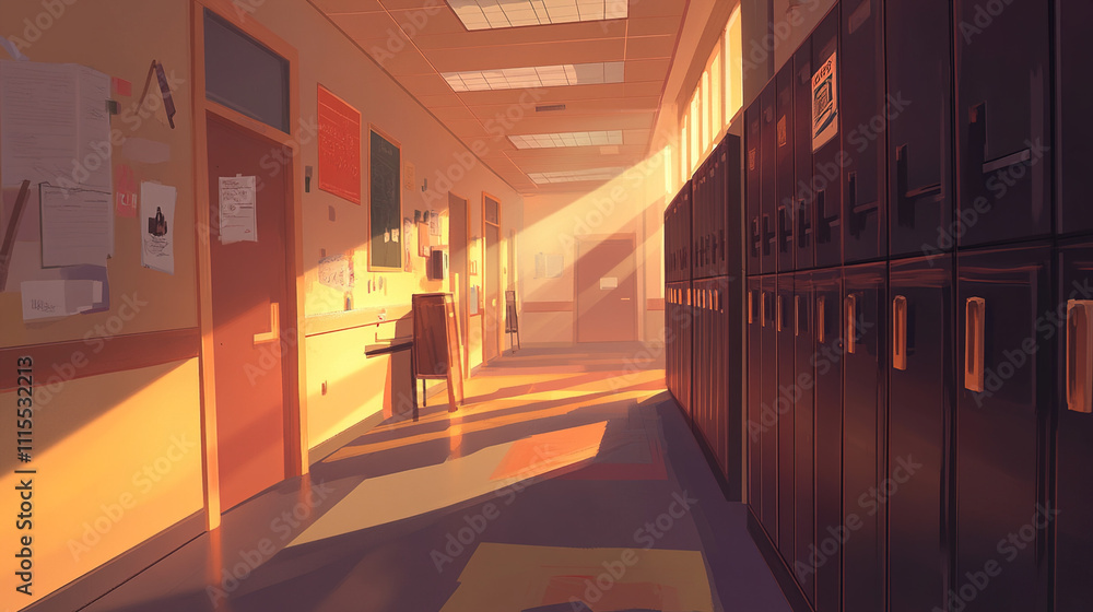 Fototapeta premium Empty school hallway, a silent testament to the passage of time and the fleeting nature of youth, where memories of laughter and learning linger in the air, waiting to be rediscovered.