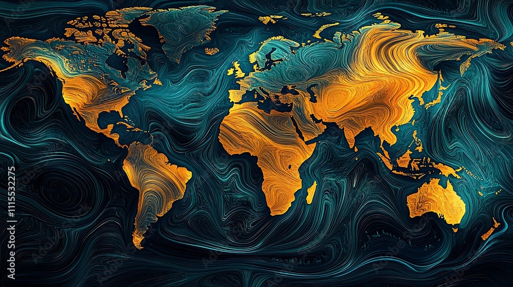 Obraz premium A stylized world map with swirling patterns in blue and gold hues.