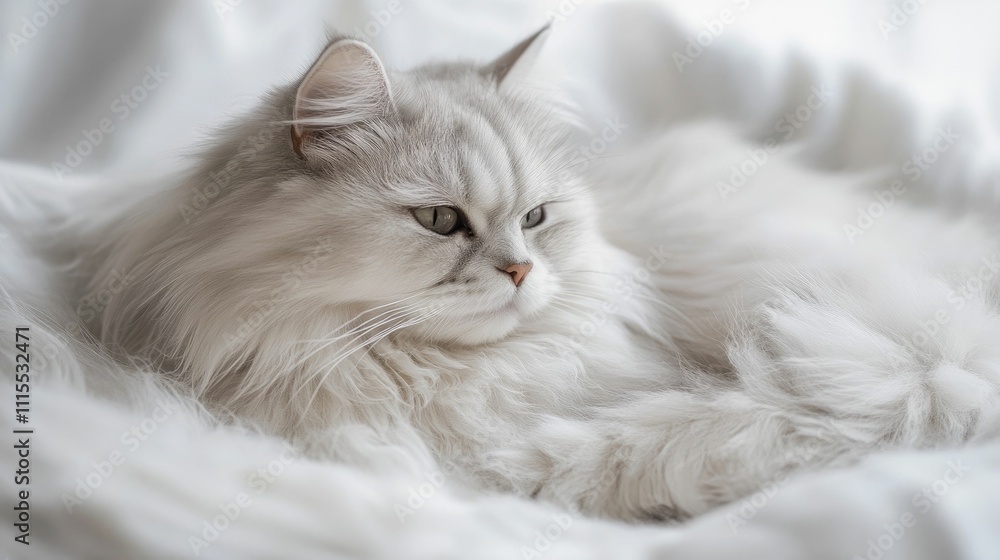 Fototapeta premium Captivating portrait of a majestic fluffy white and grey cat against a pristine minimalist white backdrop