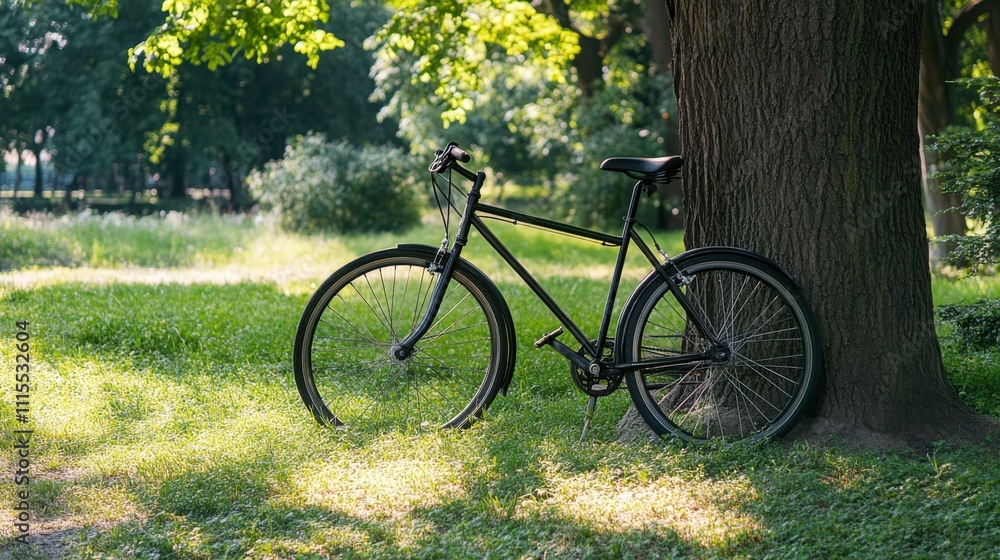 Fototapeta premium Bicycle leaning against a tree in a park, green grass and sunlight, casual and nostalgic, peaceful and simple, warm summer day.