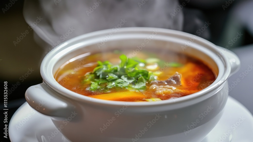 A steaming bowl of hot pot with fresh vegetables and tender meat, served in a rustic ceramic pot under warm lighting, perfect for food branding and culinary promotions... A steaming bowl of hot pot with fresh vegetables and tender meat, served in a rustic ceramic pot under warm lighting, perfect for food branding and culinary promotions...