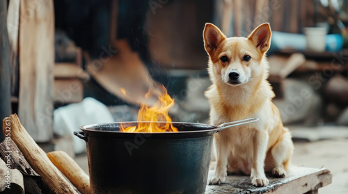 A cozy outdoor hot pot setup with a playful dog sitting near a crackling fire and a pot, styled in a rustic environment with ample copy space for branding photo