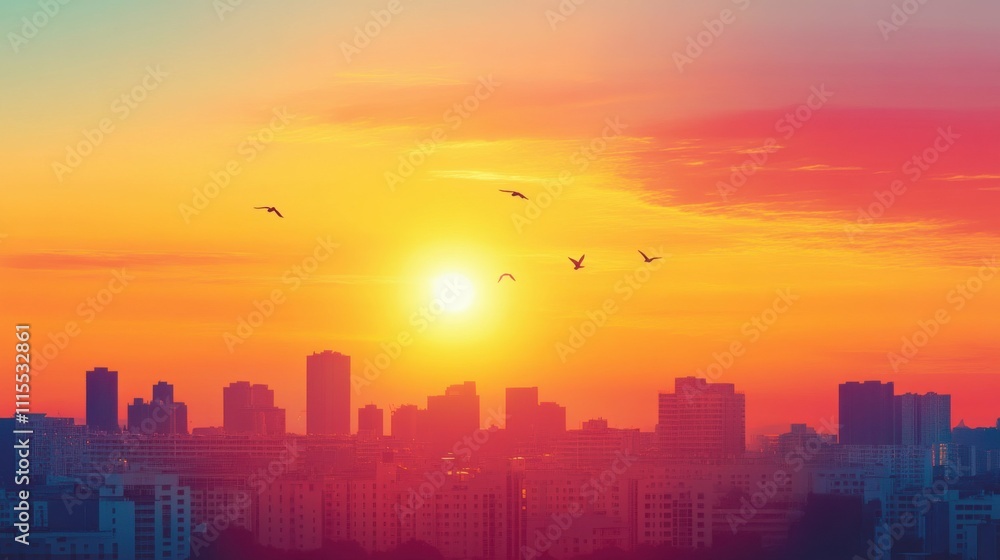 Fototapeta premium Grand sunset sky bursting with vibrant colors, with silhouettes of city rooftops, birds flying across the horizon, and a warm glow spreading over the urban scene.