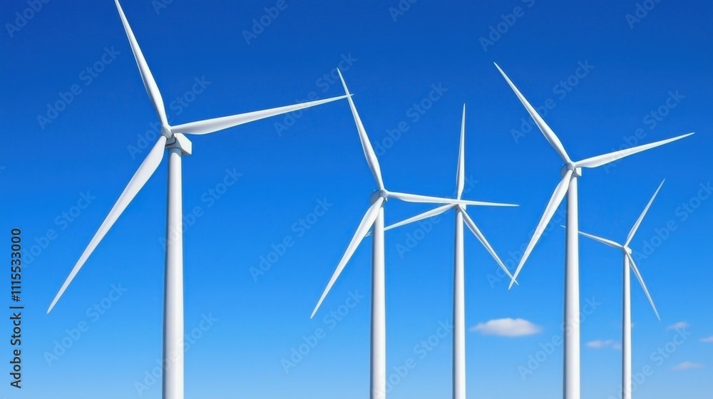 Fototapeta premium Five White Wind Turbines Against Clear Blue Sky with Clouds