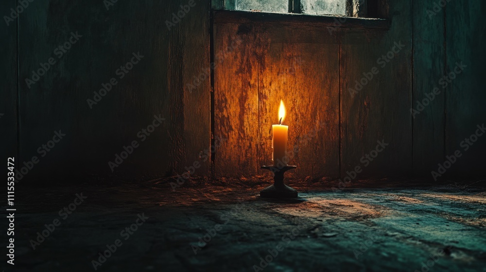 Burning candle illuminating a dark, decaying room, creating shadows on weathered walls. Burning candle illuminating a dark, decaying room, creating shadows on weathered walls.