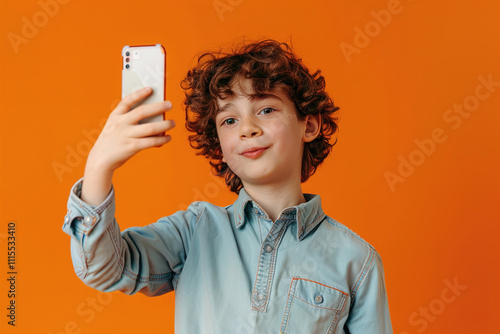 A young boy is taking a selfie with his cell phone. He is smiling and looking at the camera.