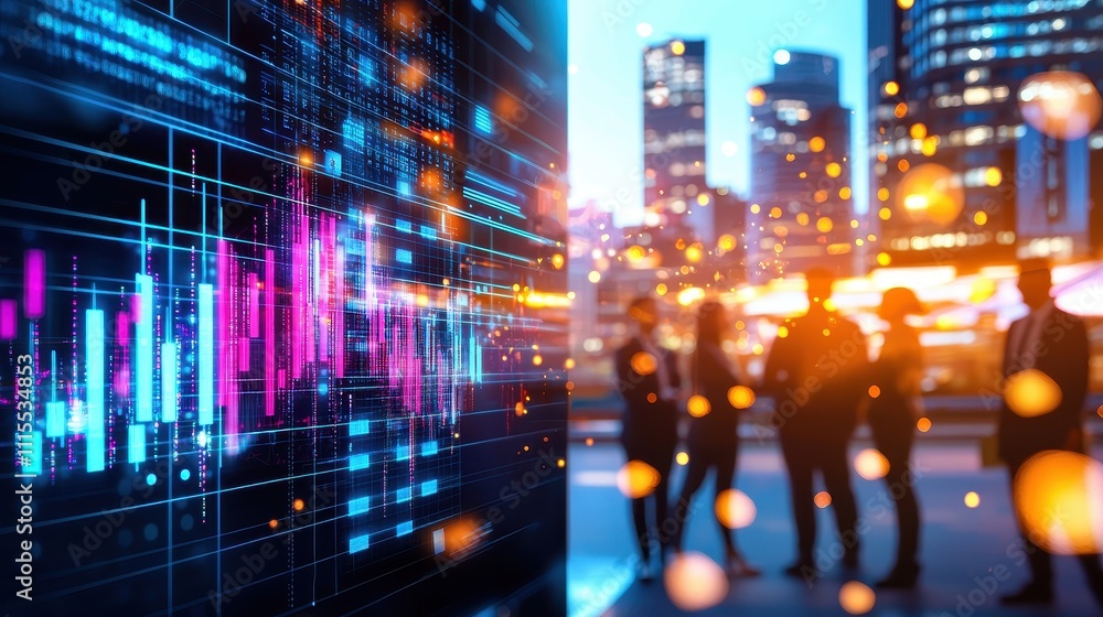 Obraz premium Modern Business Meeting with Data Visualization and City Skyline