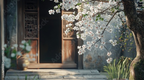 ancient china courtyard, cosy and warm, daylight, close-up shot of a tree with some white flowers, an opened door as background, CG, C4D Rendering,  photo