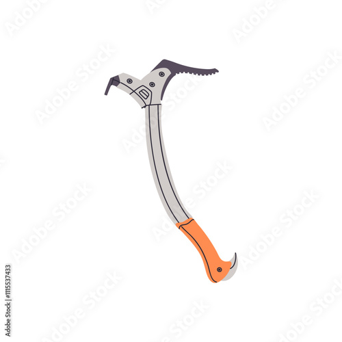 Icon of ice axe for mountaineering. Hiking ax for climbing mountains. Trekking tool, hatchet for alpinism. Appliance, gear for travel in rocks. Flat isolated vector illustration on white background