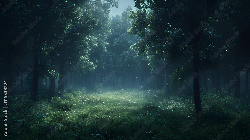 Fototapeta premium Misty forest clearing captures a serene atmosphere during early morning light
