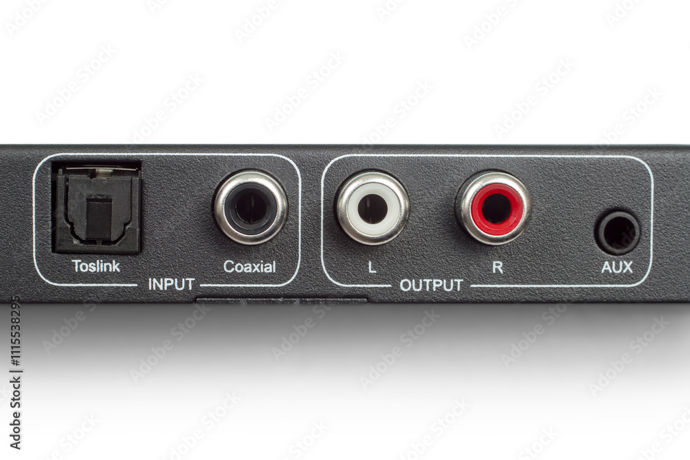 Obraz premium Connectors for connecting audio devices. Toslink, coaxial, RCA and mini-Jack. Digital-to-analog converter interface.