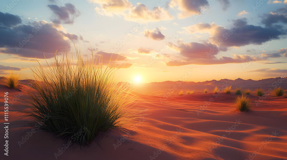 Beautiful desert sunset with grass and clouds casts warm glow over golden sands in serene landscape Beautiful desert sunset with grass and clouds casts warm glow over golden sands in serene landscape