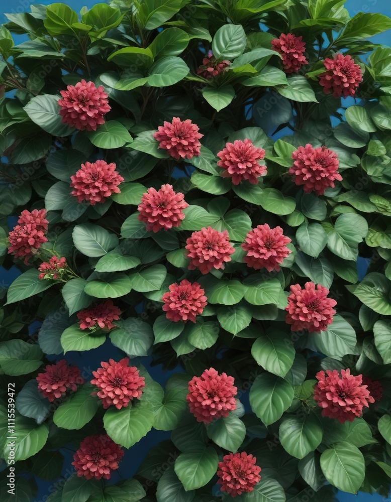 A colorful flower plant bush with large green leaves isolated against a blue background, leaves, botanical, greenery A colorful flower plant bush with large green leaves isolated against a blue background, leaves, botanical, greenery