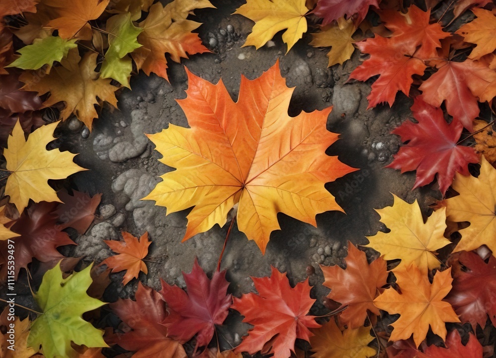 A colorful maple leaf nestled among autumn leaves , forest, landscape A colorful maple leaf nestled among autumn leaves , forest, landscape