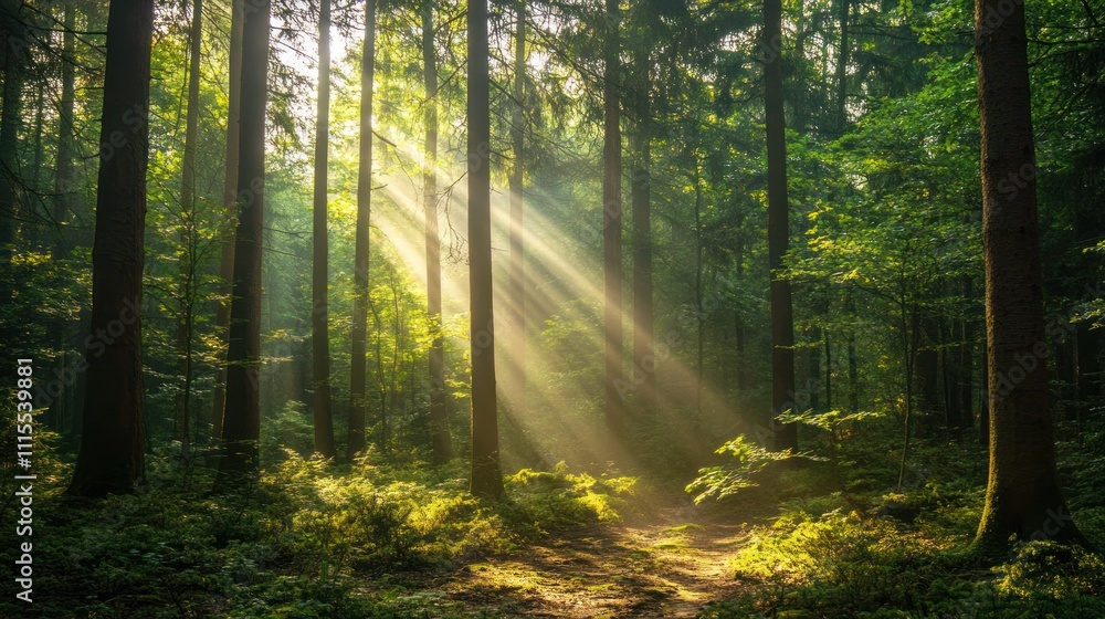 Obraz premium Sunbeams Illuminating a Mystical Forest Path