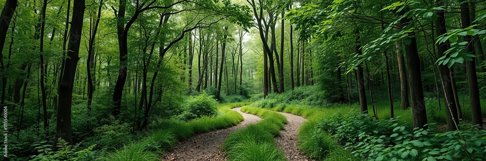 Obraz premium A forest path winding through a thicket of foliage, ferns, natural scenery