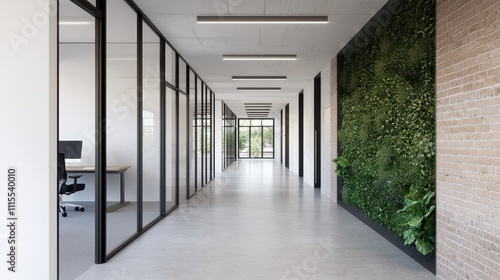 Human Centric Urbanism Concept , Modern Sustainable Corporate Workspace with Lush Green Accent Wall and Abundant Natural Lighting photo