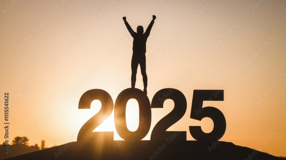 A silhouette of a person celebrating atop the number 2025 during a sunset. A silhouette of a person celebrating atop the number 2025 during a sunset.