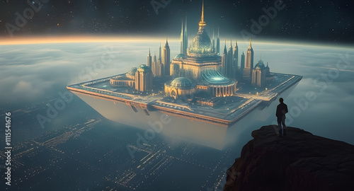 Futuristic Metropolis Suspended Above a Starry Expanse with Enigmatic Figure