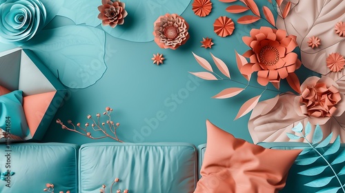 Realistic flat lay of a sofa, cushion, and decorative elements on a color palette background featuring teal blue and terracotta pink abstract geometric patterns with paper flowers and leaves, photo