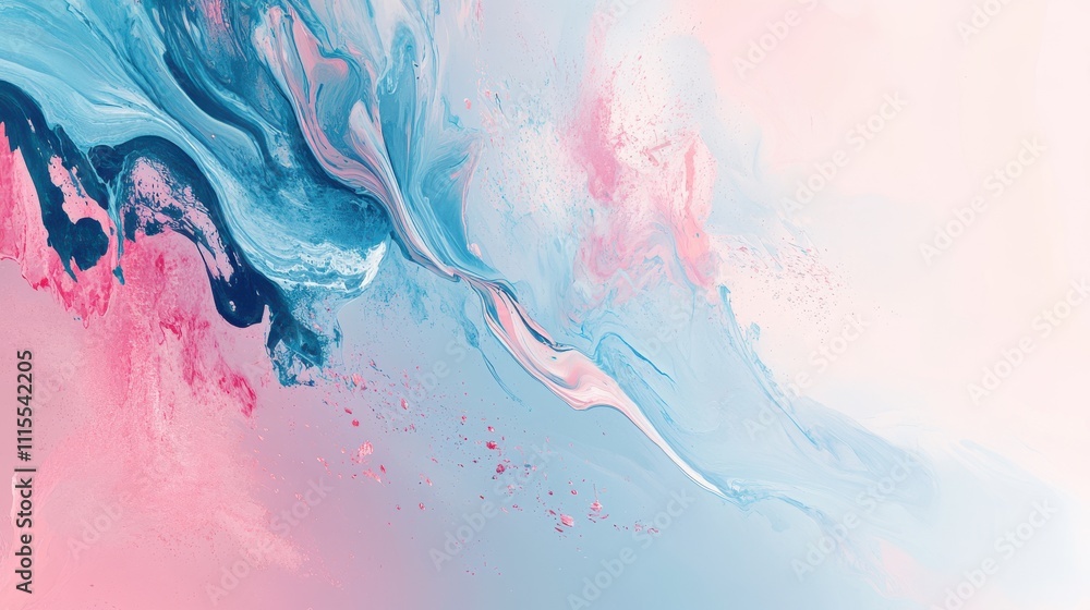 Fototapeta premium Abstract fluid art painting in pink and blue hues with swirling textures and subtle speckles.