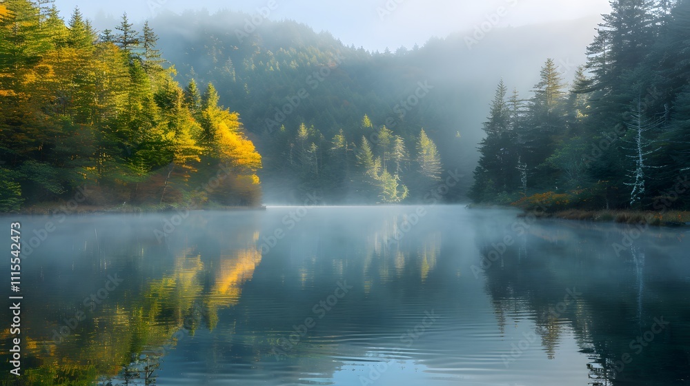 Fototapeta premium Serene lake surrounded by misty mountains and colorful autumn foliage.