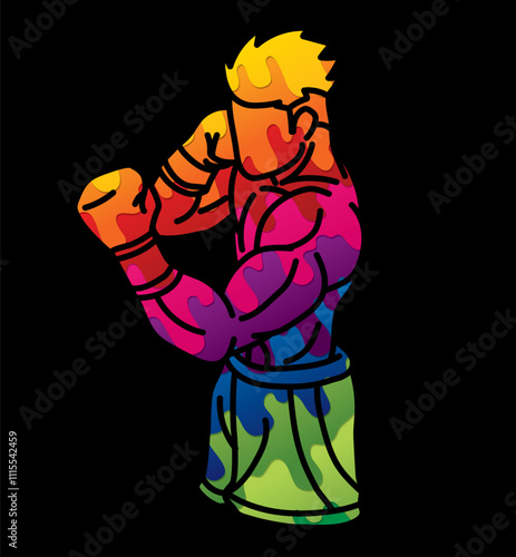 Boxing Sport Male Boxer Fighting Action Cartoon Kickboxing Graphic Vector