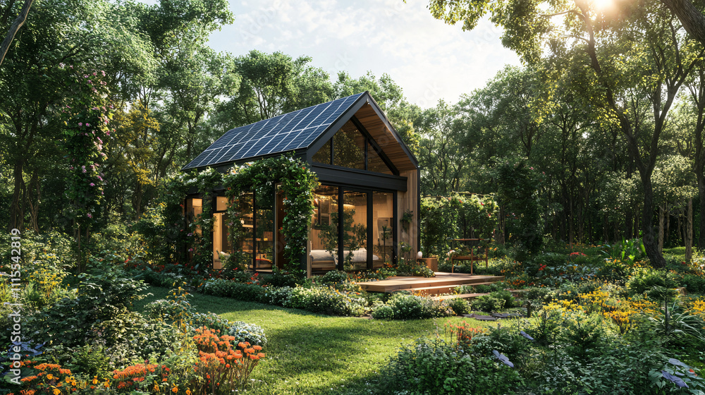 A small house with a solar panel roof sitting in a green, eco-friendly garden surrounded by trees and flowers. A small house with a solar panel roof sitting in a green, eco-friendly garden surrounded by trees and flowers.