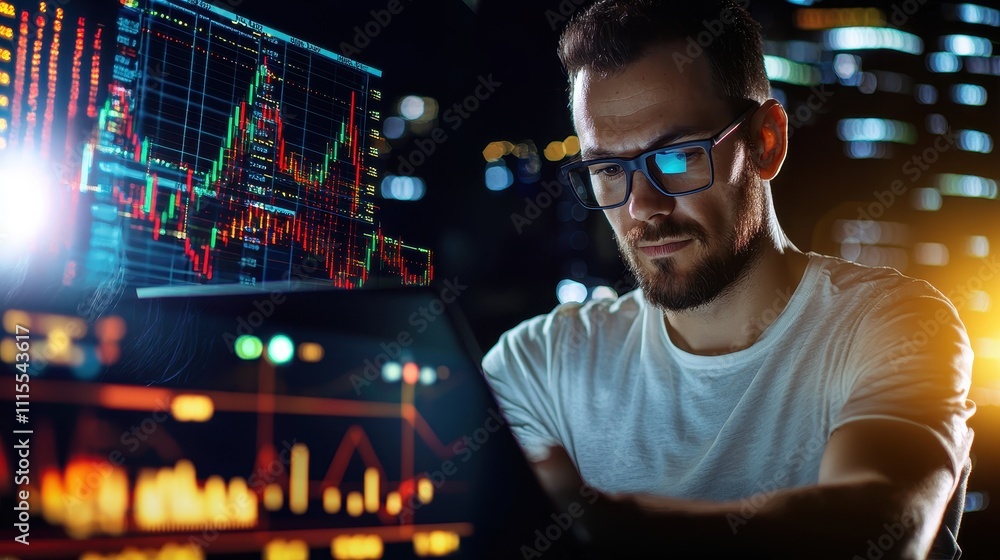 Focused Analyst Working Late with Financial Graphics and Data Charts Focused Analyst Working Late with Financial Graphics and Data Charts