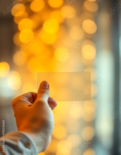 hand holding blank transparent business card mockuptemplate in blurred golden bokeh background photo