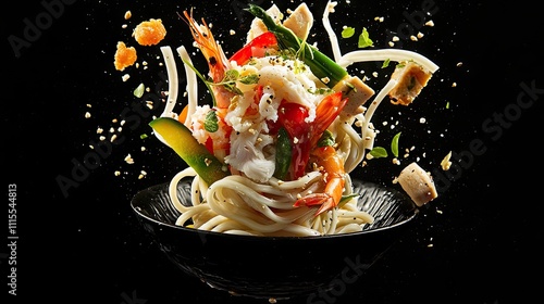 Create a highly detailed and realistic image of a deconstructed udon noodle with all its ingredients floating in the air, as if shot with a high-resolution  photo