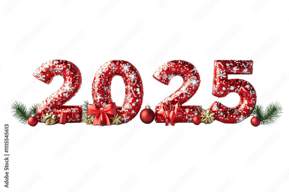 2025 made of holiday ribbons, bows, and shimmering decorations, isolated on white background 2025 made of holiday ribbons, bows, and shimmering decorations, isolated on white background